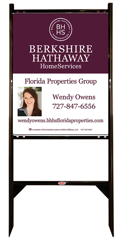 berkshire hathaway homeservices florida properties group yard sign with agent contact information